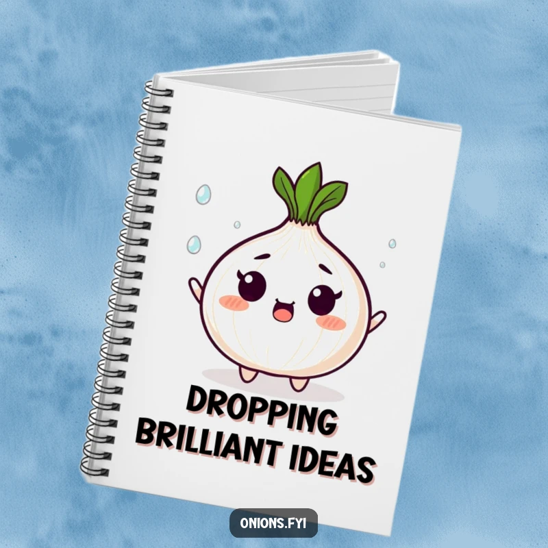 Funny notebook depicting a surprised onion character juggling small, shining droplets, inspiring creative and humorous note-taking for busy minds.