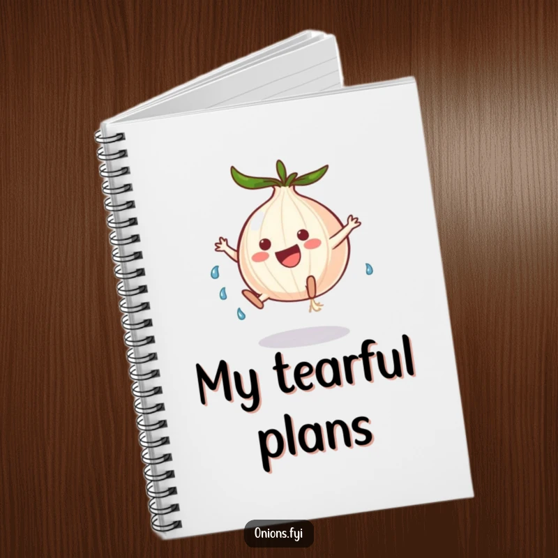 Funny onion character doing a cartwheel with tears, a humorous notebook perfect for journaling and expressive writing.