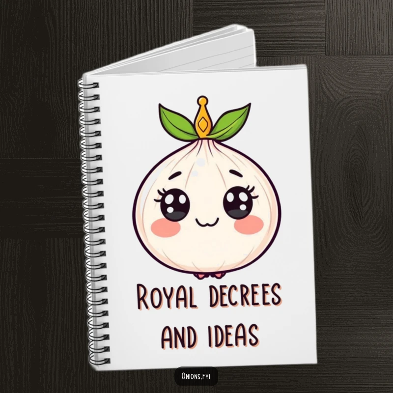 Funny notebook with a smiling, crowned onion on the cover, inspiring regal thoughts and humorous journaling.