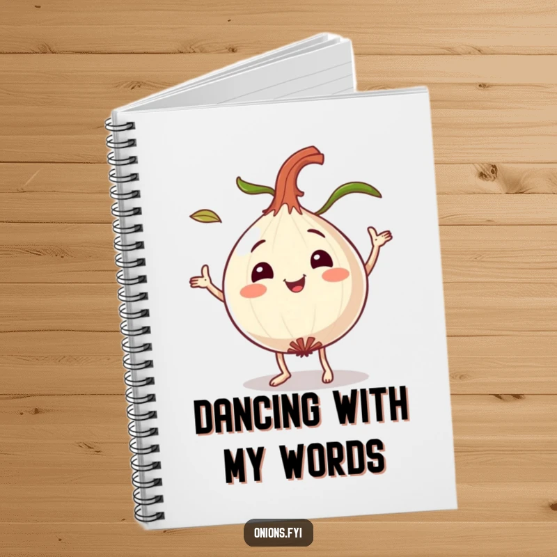 Funny dancing onion notebook, a smiling onion character playfully dancing with leaves flying, perfect for jotting notes.