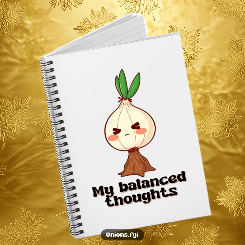 Funny notebook cover with a determined onion character balancing on one root, ideal for jotting down goals and strategies.