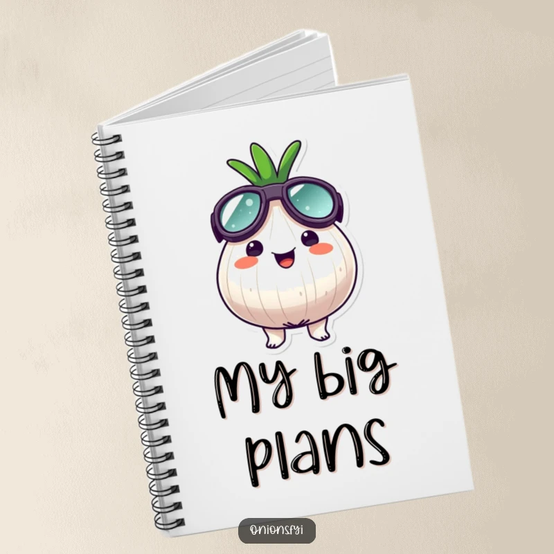 Funny goggle onion notebook, an onion character wearing oversized goggles, looking surprisingly happy, perfect for notes.