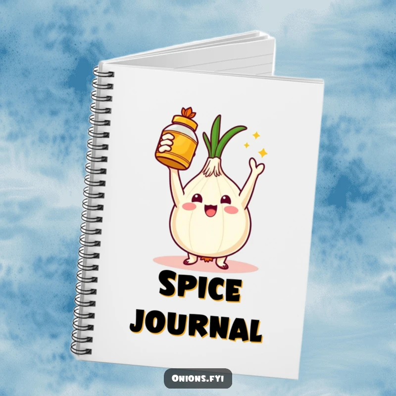 Funny notebook with a triumphant onion character holding a golden spice jar, encouraging culinary notes and recipe writing. Ideal gift.