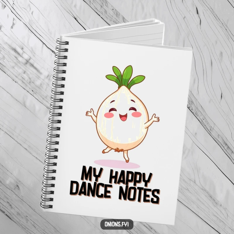 Funny notebook cover with a happy onion character doing a silly jig, perfect for food or recipe notes.