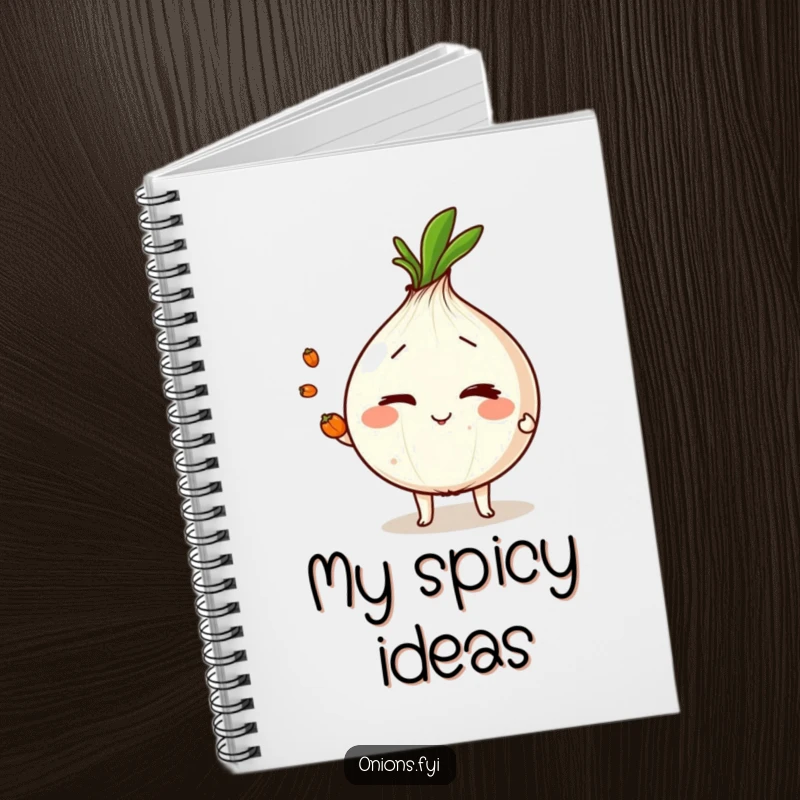 Funny onion character winking and juggling peppercorns, a humorous notebook perfect for planning and creativity.