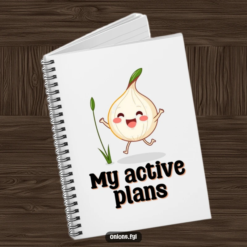 Funny Kawaii Onion Notebook depicting an excited onion jump-roping with a blade of grass, for writing and planning.