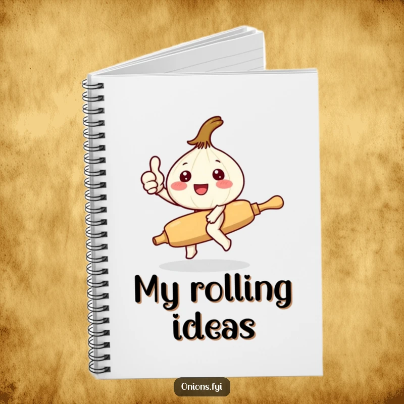 Funny Kawaii onion character thumbs up riding a rolling pin, lined notebook with cute and humorous kitchen theme, perfect for writing.