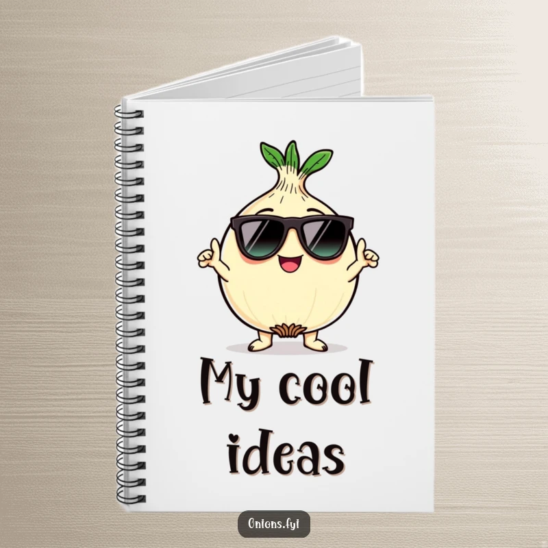 Funny kawaii onion character wearing sunglasses and striking a cool pose on a notebook cover for humorous note-taking.