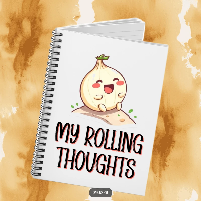 Funny Kawaii onion character laughing while rolling down a small hill, lined notebook with playful and humorous theme, perfect for writing.