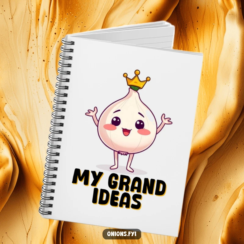 Funny notebook with a proud onion character wearing a tiny crown, striking a regal pose, ideal for royal notes.