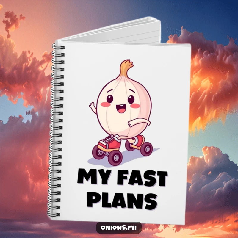 Funny notebook with a happy onion character on tiny roller skates, zooming along, ideal for jotting down fast ideas.