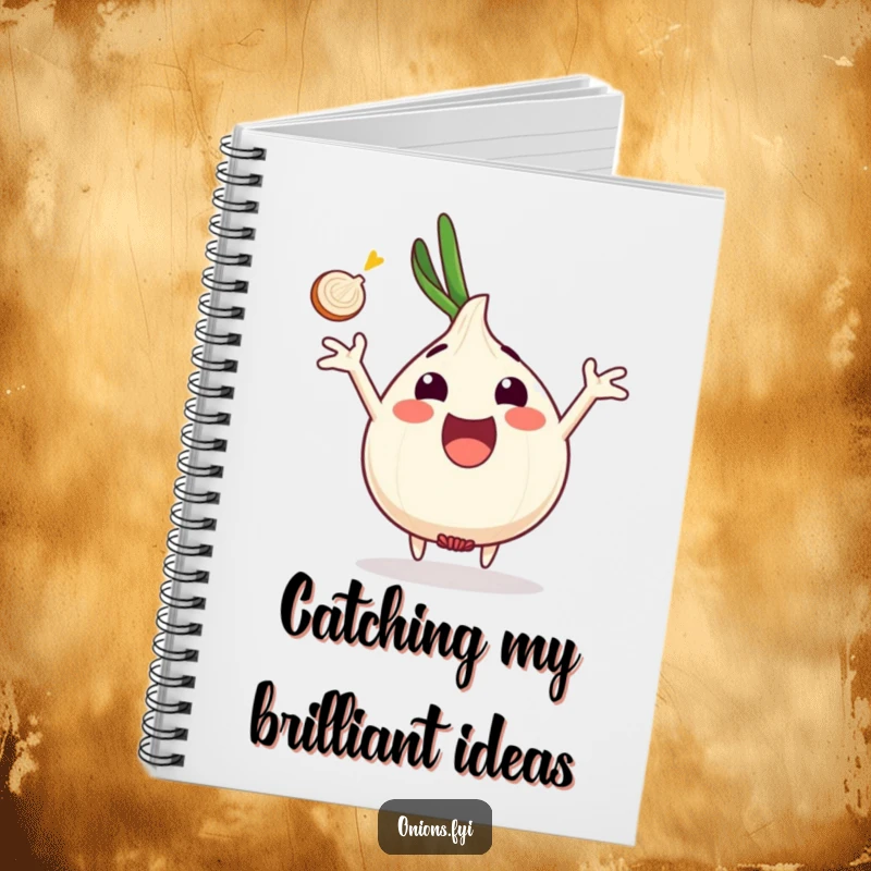 Funny onion character excited, arms outstretched catching onion slice, notebook cover, creative and funny gift.