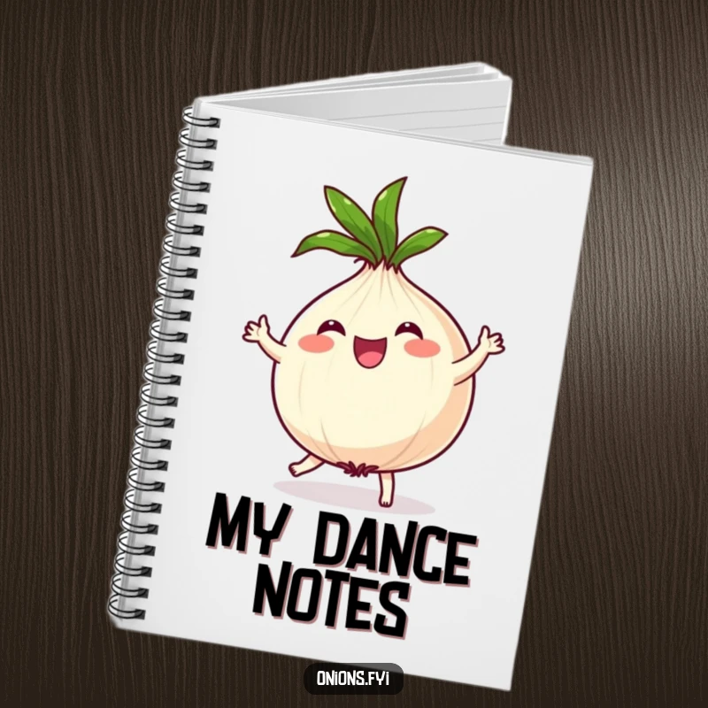 Funny Onion Notebook: Joyful onion character dances with spinning leafy top, inspiring creativity and humor.