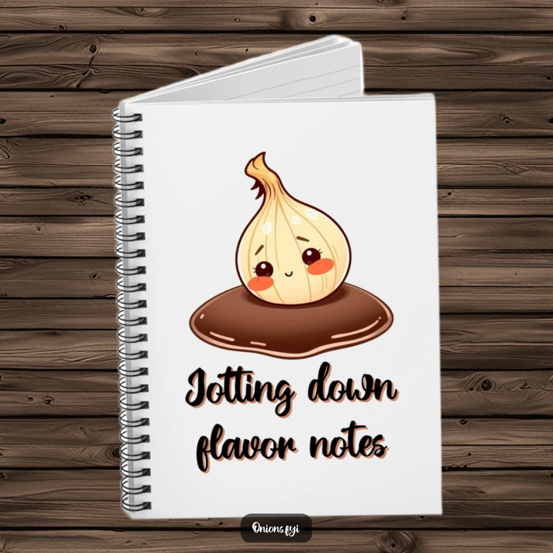 Funny notebook with an onion character curiously exploring a giant drop of soy sauce, perfect for notes and sketches.
