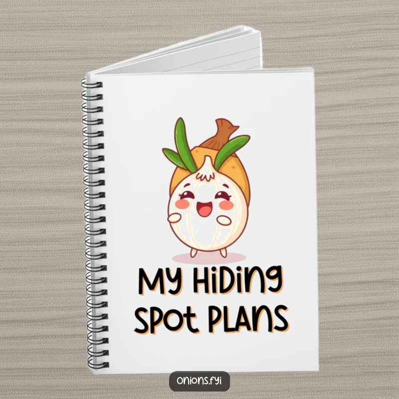 Funny onion character hiding behind a potato on a notebook cover, encouraging creative writing with a humorous touch.