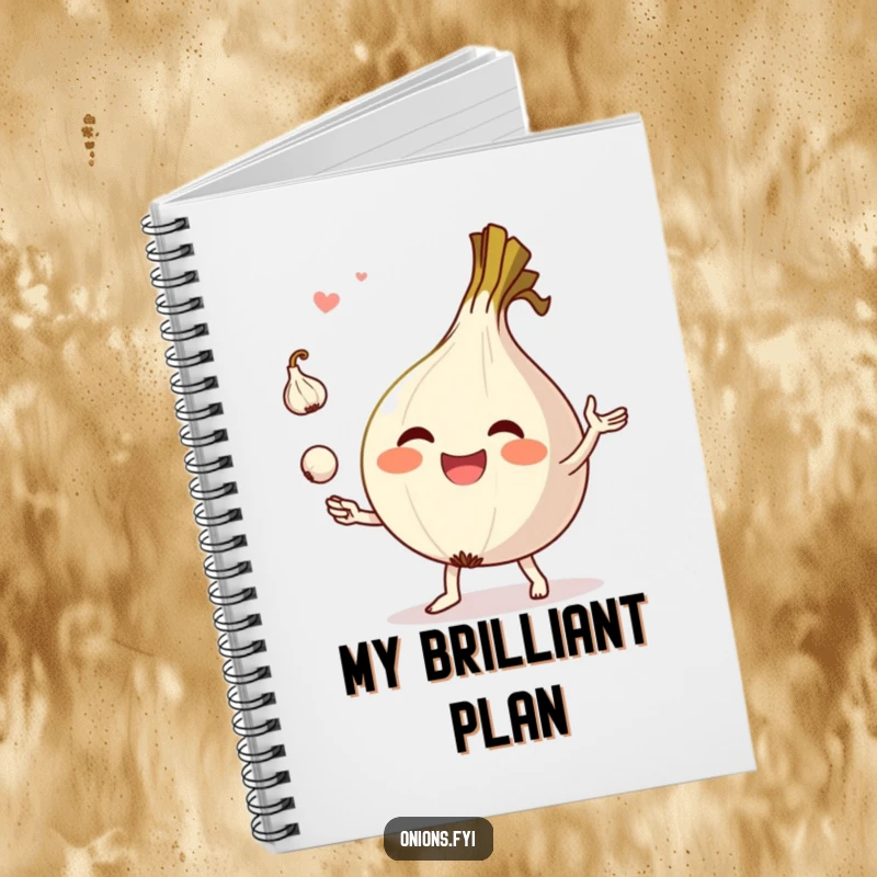 Funny notebook with a happy onion character juggling garlic, perfect for jotting notes with a humorous flair.