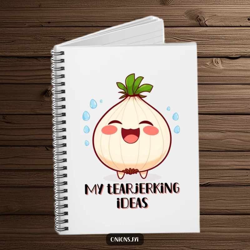 Funny notebook cover with a dynamic illustration of a laughing onion character, water droplets flying, expressing extreme amusement.