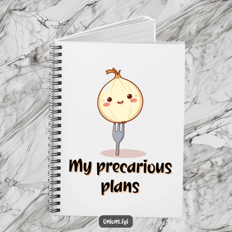 Funny onion on fork notebook, a round onion character precariously balanced on a tiny fork, ideal for jotting notes.