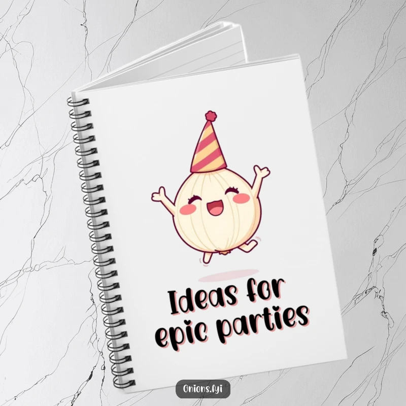 Funny onion character in party hat, leaping joyfully, notebook cover, creative and funny gift.
