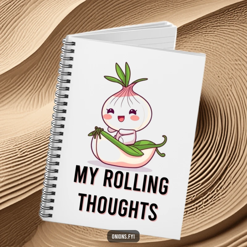 Funny Onion Notebook: Playful onion character bounces on a tiny rolling pea, inspiring notes and joy.