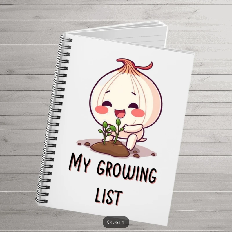 Funny notebook cover with an onion character enthusiastically planting a tiny seedling, symbolizing creativity and growth.