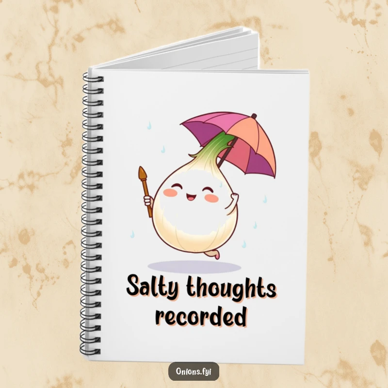 Funny notebook with an onion character dancing in salt rain under a tiny umbrella, ideal for jotting down emotions.