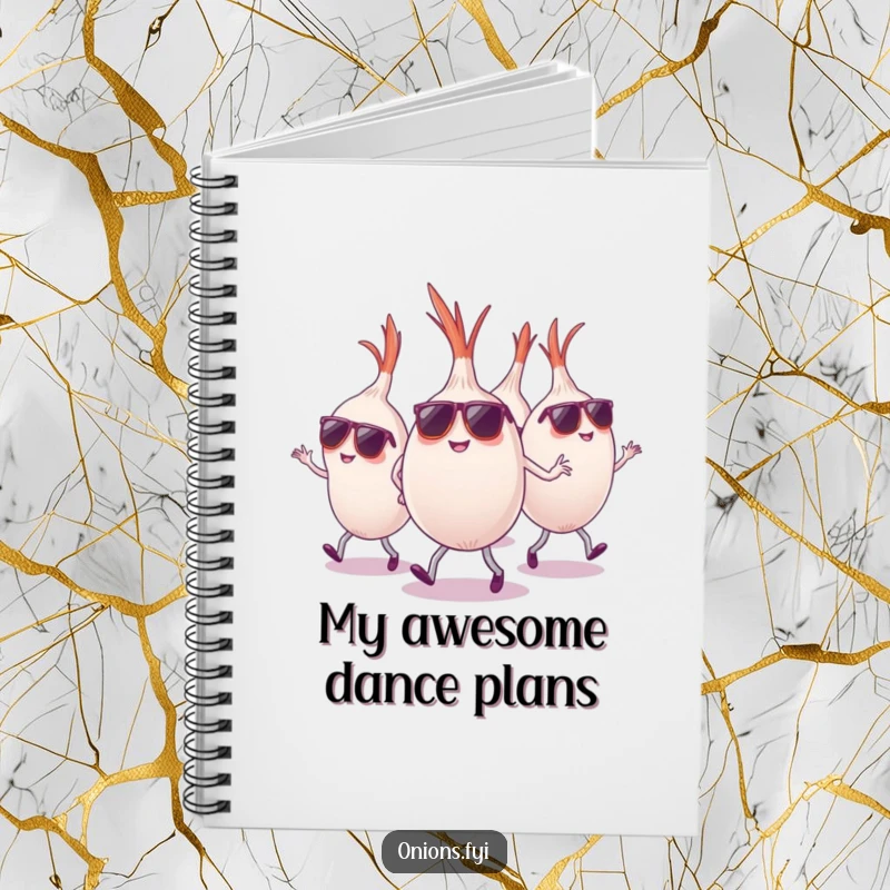 Funny onions wearing sunglasses dancing energetically, notebook cover, cool and funny gift.