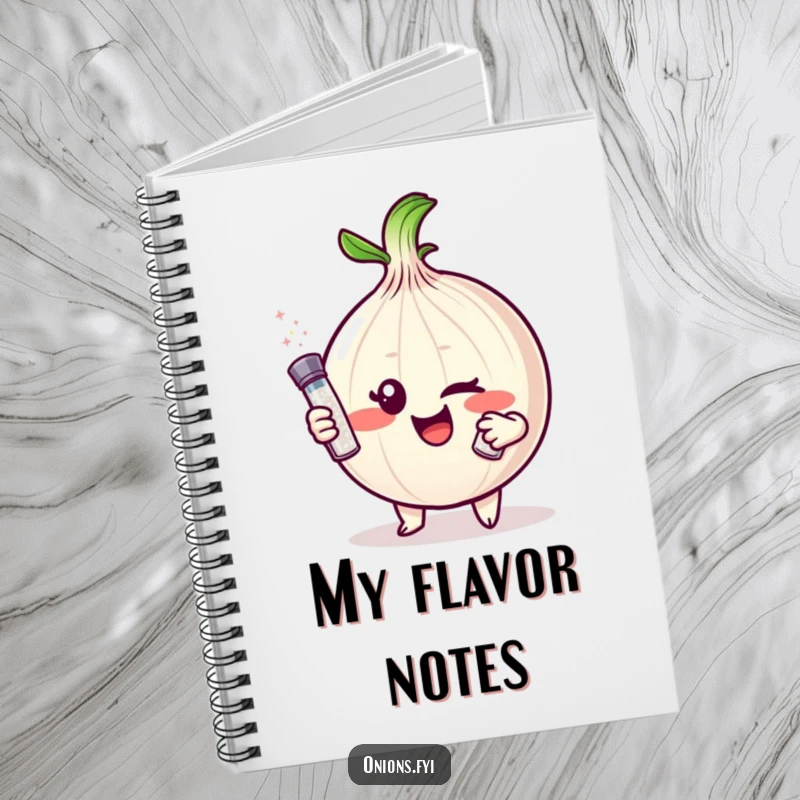 Funny Onion Notebook: Mischievous onion character winks, offering a tiny salt shaker, perfect for notes and jokes.
