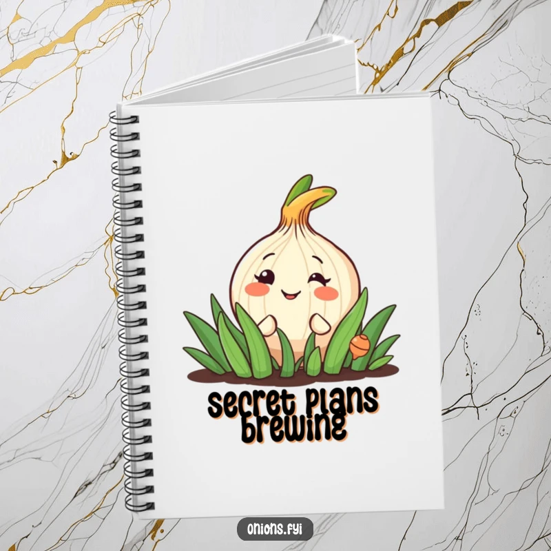 Funny notebook cover with a cheerful onion character peeking from a garden, its grin inspiring creativity.