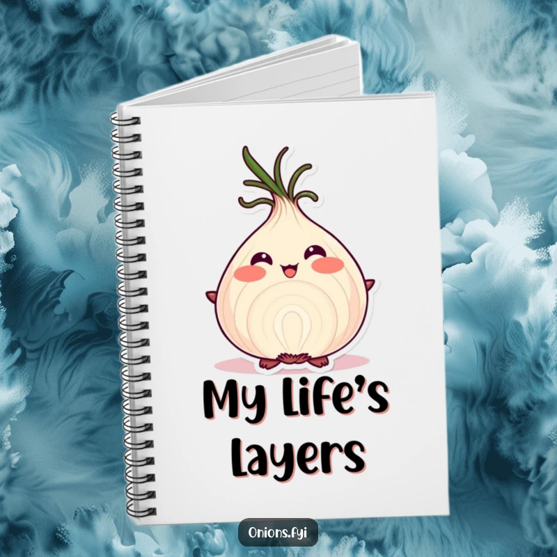 Funny onion character blushing proudly, displaying its layers on a notebook cover.