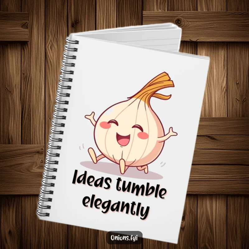 Funny notebook with a happy onion character tripping and landing with a comical flourish.