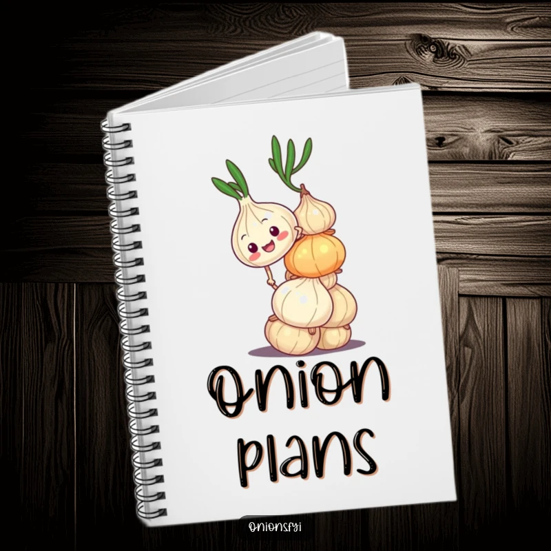 Funny notebook with an onion character climbing a wobbly onion stack, encouraging note-taking and planning for challenges. Ideal gift.