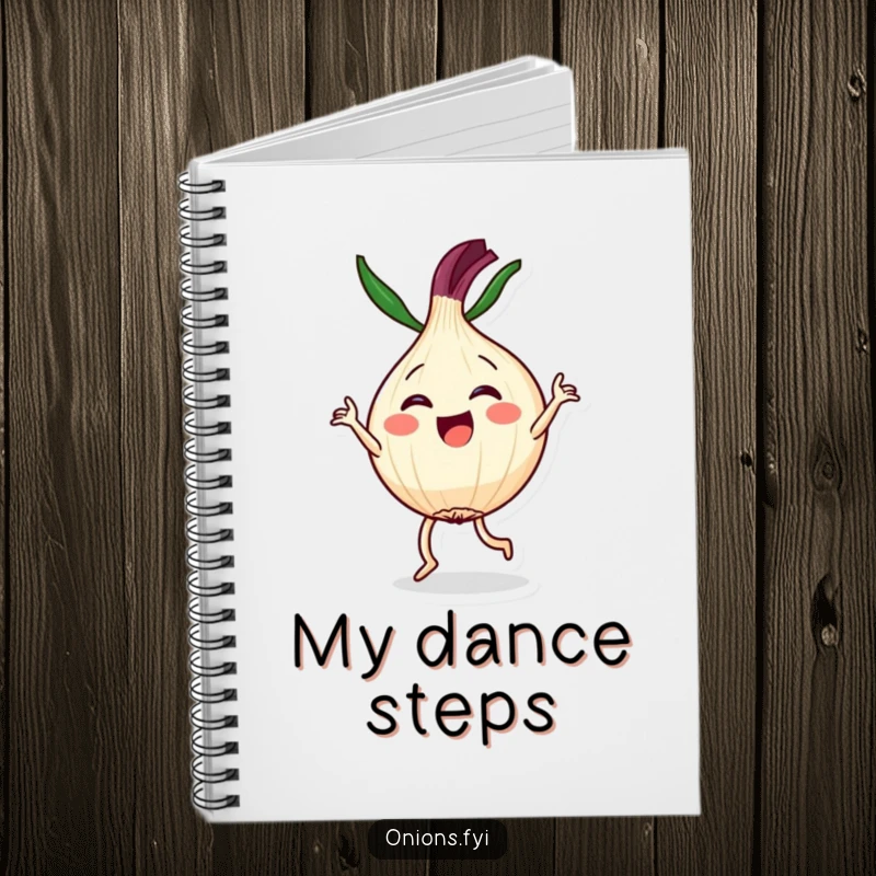 Funny notebook cover with a Kawaii onion character joyfully performing a dramatic dance routine, ideal for creative notes.