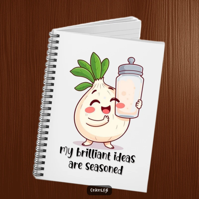 Funny Onion Notebook: A winking kawaii onion holds a giant salt shaker, inspiring funny notes and culinary creativity.