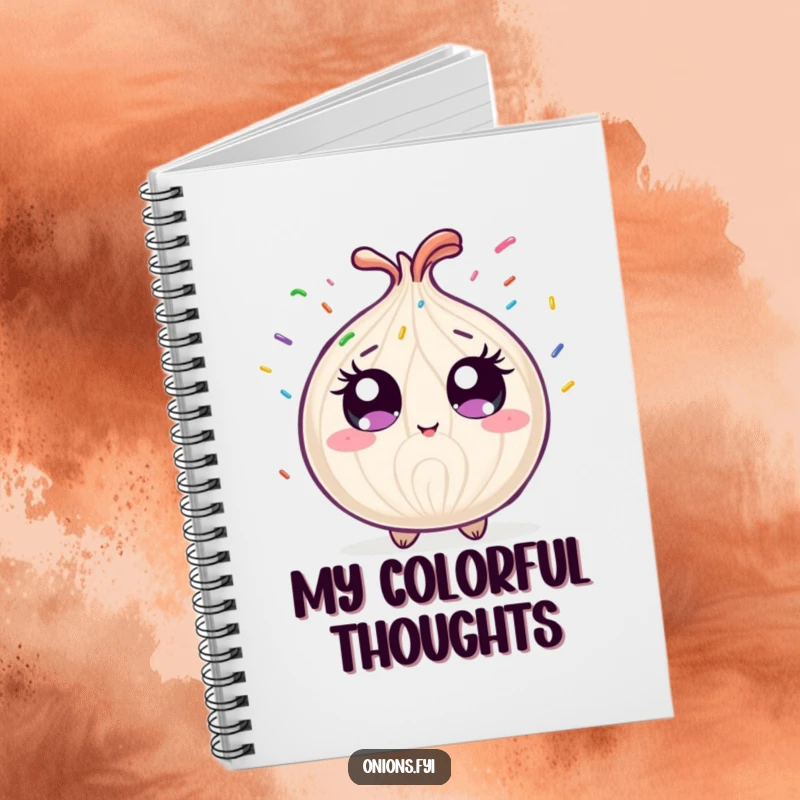 Funny onion character showered by rainbow sprinkles, a humorous notebook perfect for journaling and creative writing.