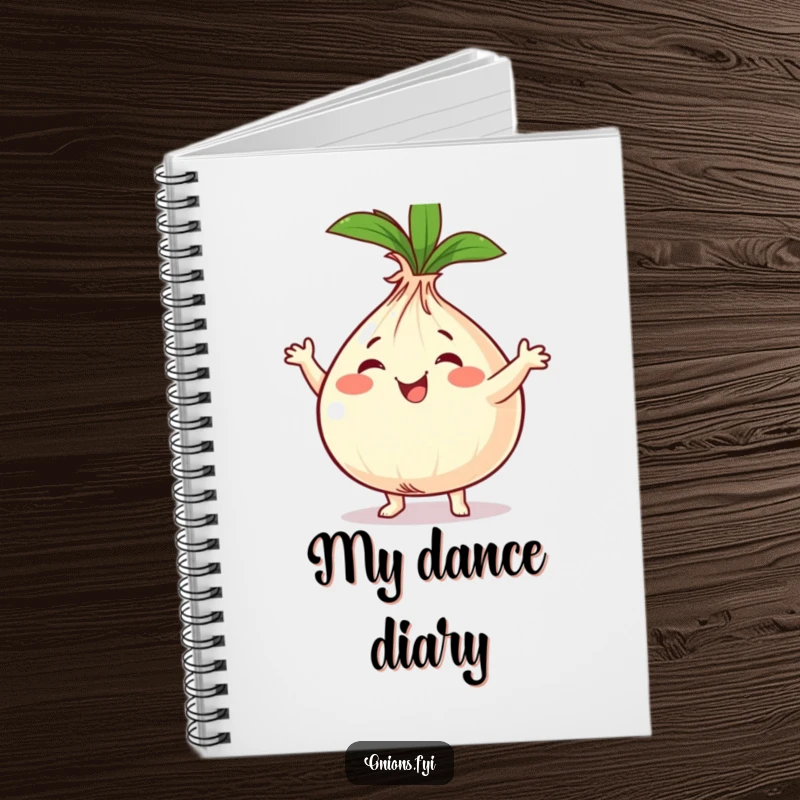 Funny onion character in a notebook, dancing with abandon, ideal for capturing creative and funny thoughts.