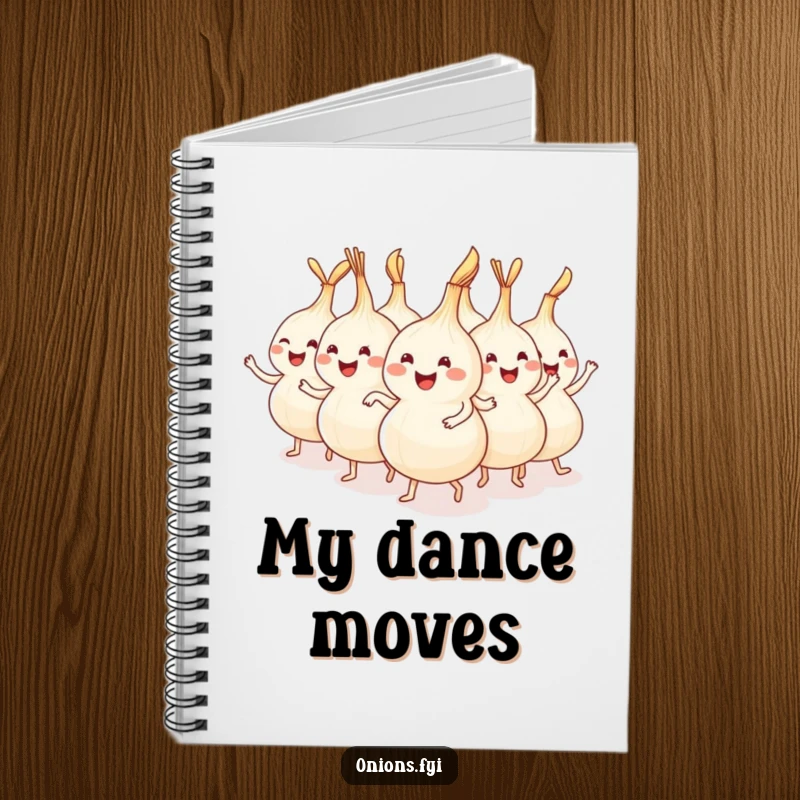 Funny onions dancing in a conga line on a notebook cover, ideal for party planning.