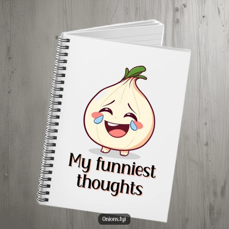 Funny onion shedding a sparkly tear from laughter on a notebook, perfect for jotting down happy thoughts and creative ideas.