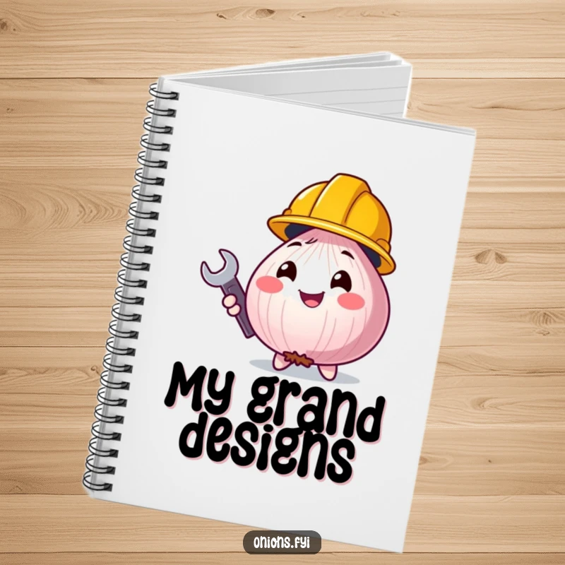 Funny onion character with a construction helmet and wrench, ideal for note-taking and doodling, a humorous notebook.