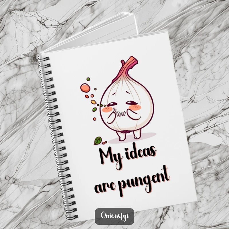 Funny notebook cover featuring an onion character sneezing a cloud of savory herb dust, ready for your notes.