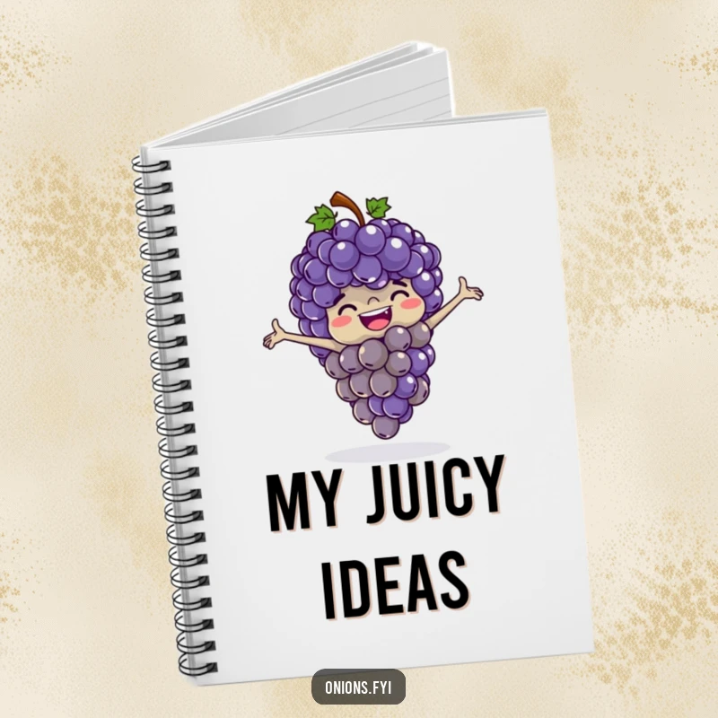 Funny grapes notebook, a bunch of happy grapes playing leapfrog with outstretched arms, great for notes and doodles.