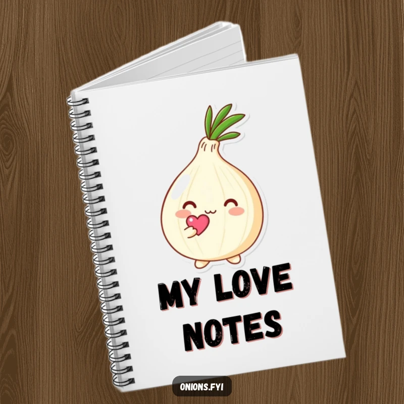 Funny Kawaii onion character holding a small heart above its head with affection, lined notebook with cute and loving theme, perfect for writing.