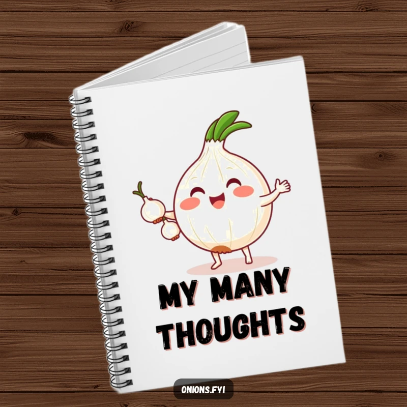 Funny notebook featuring a kawaii onion with tiny feet, juggling three small onions, inspiring creative and humorous entries.