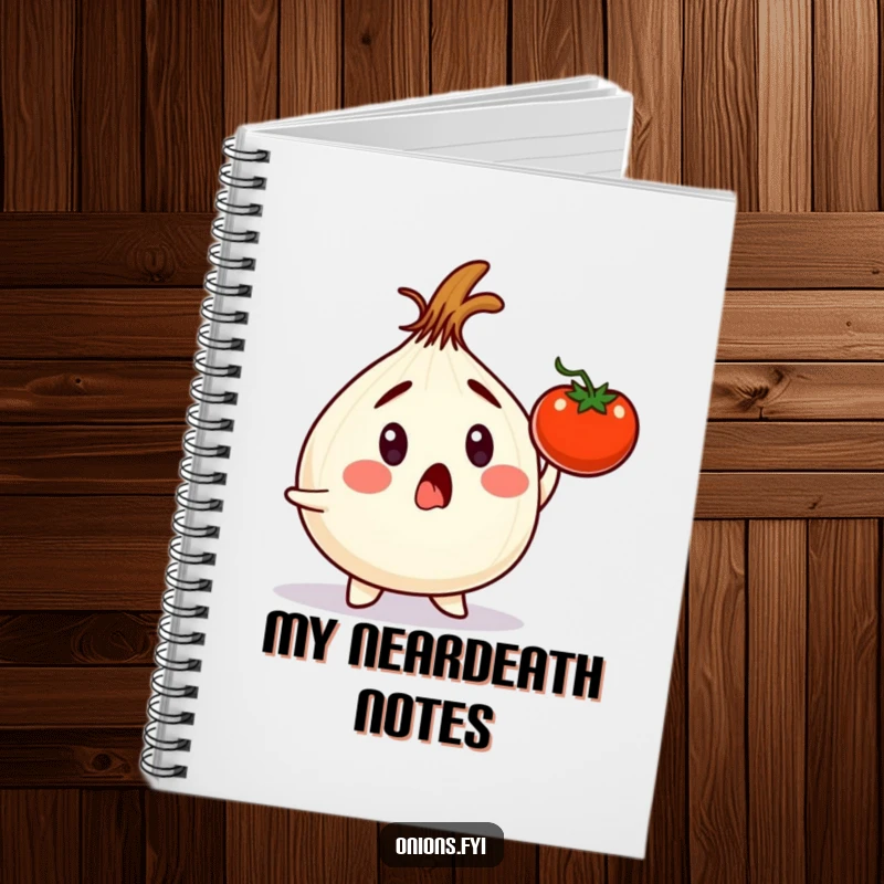Funny onion character looking surprised by a falling tomato, featured on a notebook cover for funny gifts.