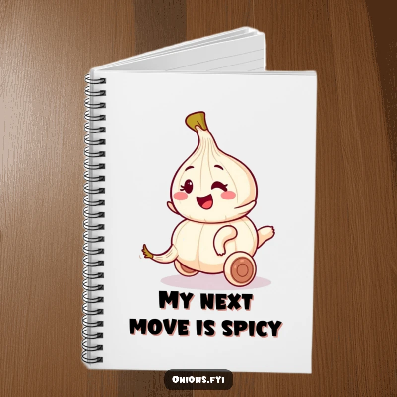 Funny notebook cover featuring an onion winking as it rides a rolling garlic clove, inspiring fun notes.
