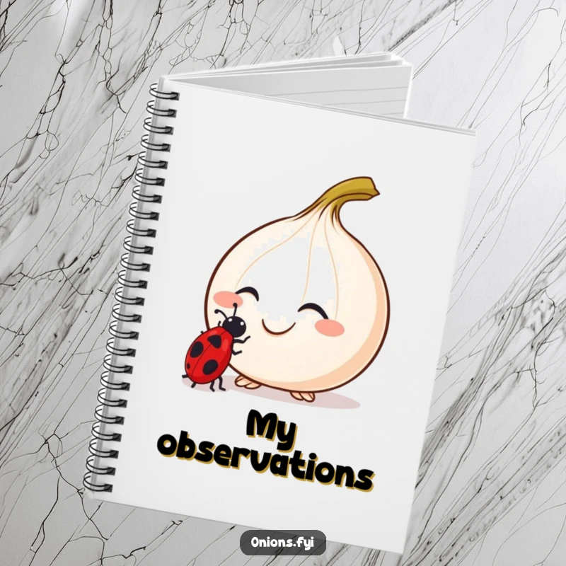 Funny Curious Onion Notebook depicting a smiling onion with antennae examining a ladybug, for writing notes.