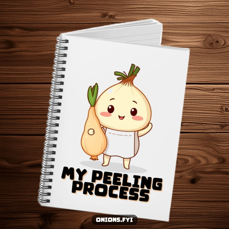 Funny notebook with an onion chef in an apron proudly presenting a peeled root vegetable, perfect for recipes and notes.