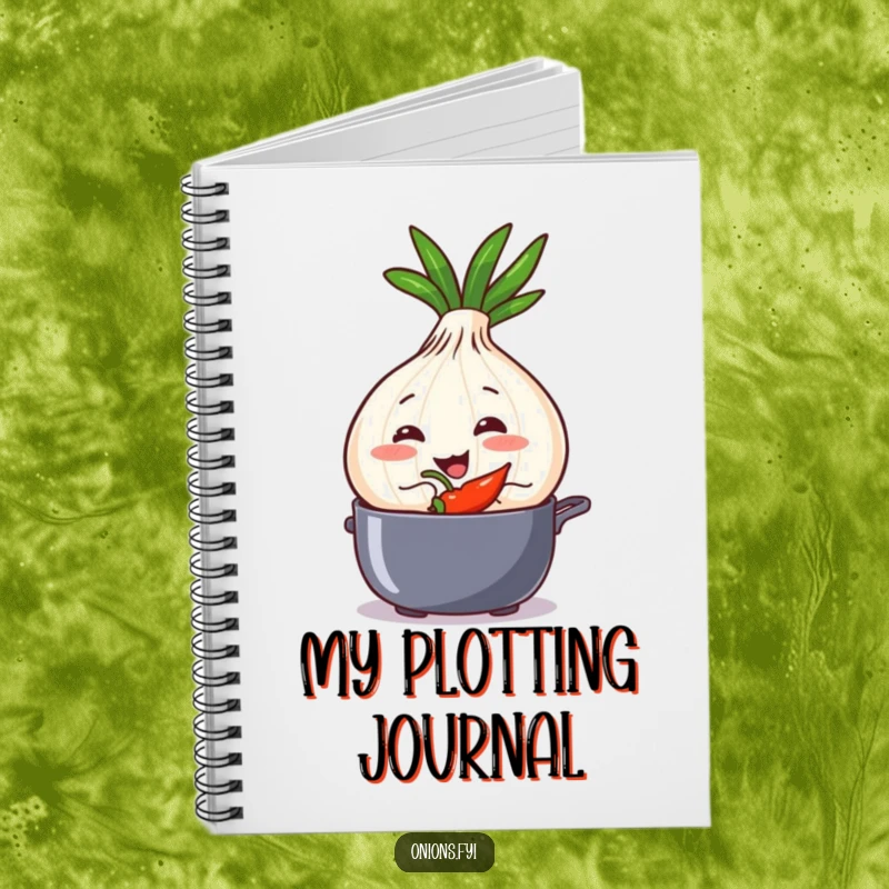 Funny onion character with a sly grin, adding a chili pepper to a pot, on a notebook cover.