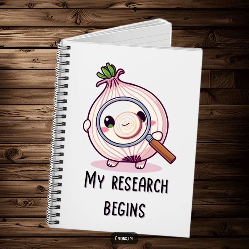Funny notebook with an onion character using a magnifying glass to inspect a very small onion slice, ideal for detailed notes.