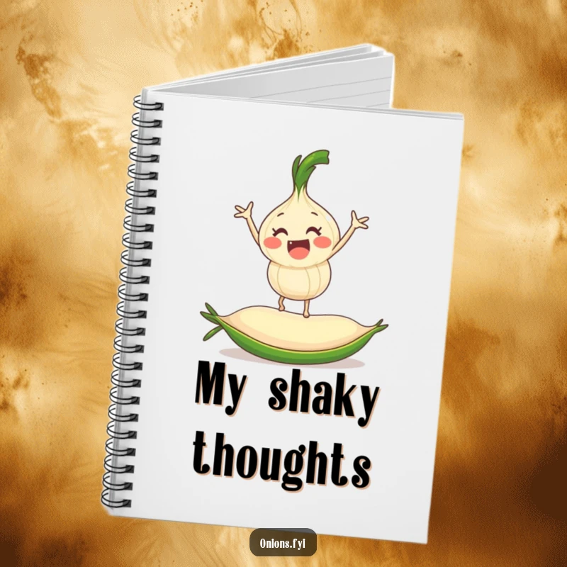 Funny onion character balancing on a pea, a humorous notebook perfect for journaling and planning adventures.